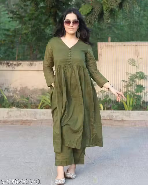 Olive green mul cotton kurta set