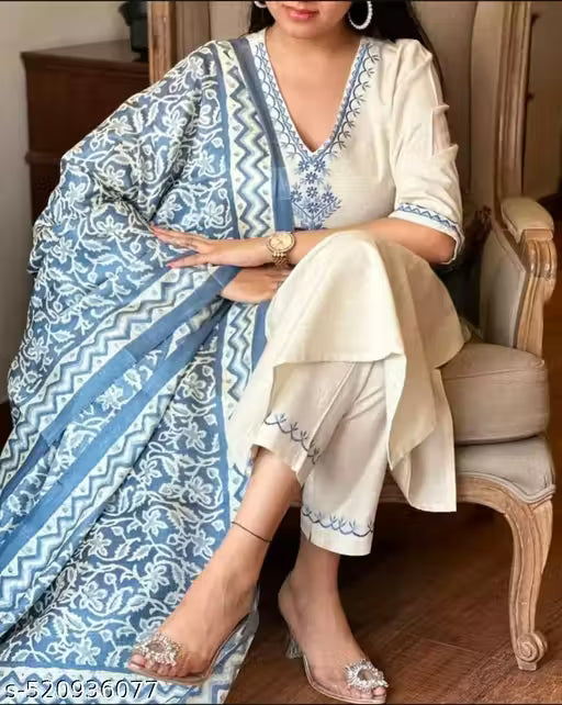 Womens Ethnic Embroidery Top Pant And Dupatta Set