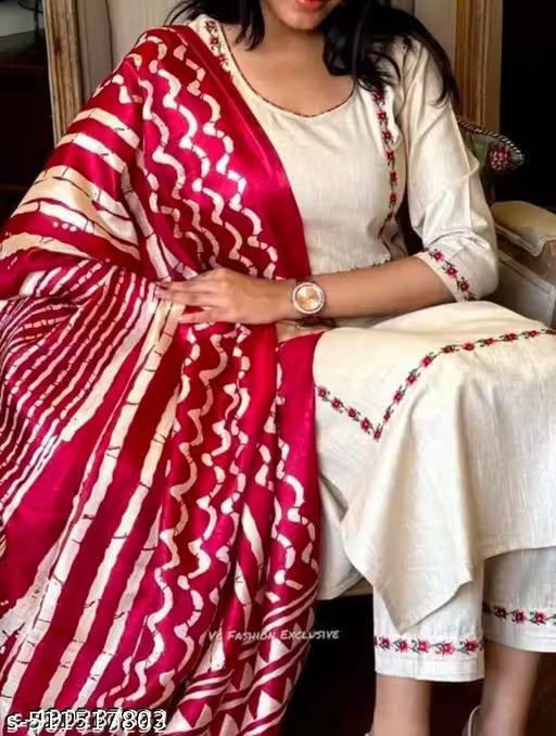 Womens Ethnic Cotton Top Pant And Dupatta Set
