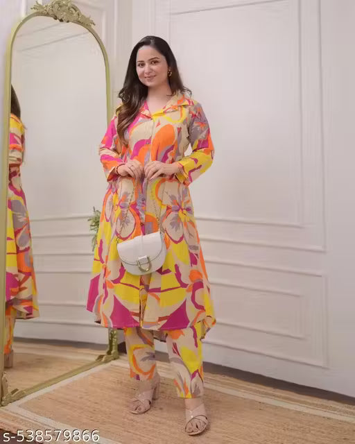 Stylish Printed Women's Kurta with Pant Set | Co-ord Set | Colorful Abstract Print | Trendy & Comfortable Printed Kurta Pant Set for Women | Latest Design Co-ord Set