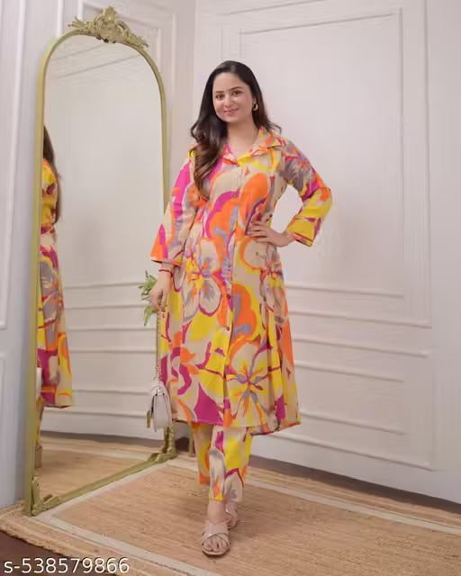 Stylish Printed Women's Kurta with Pant Set | Co-ord Set | Colorful Abstract Print | Trendy & Comfortable Printed Kurta Pant Set for Women | Latest Design Co-ord Set