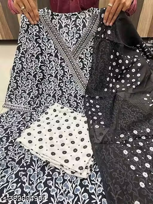 Black Premium Printed Designer Anarkali Embroidery Women Rayon Kurta With Pant And Cotton Dupatta