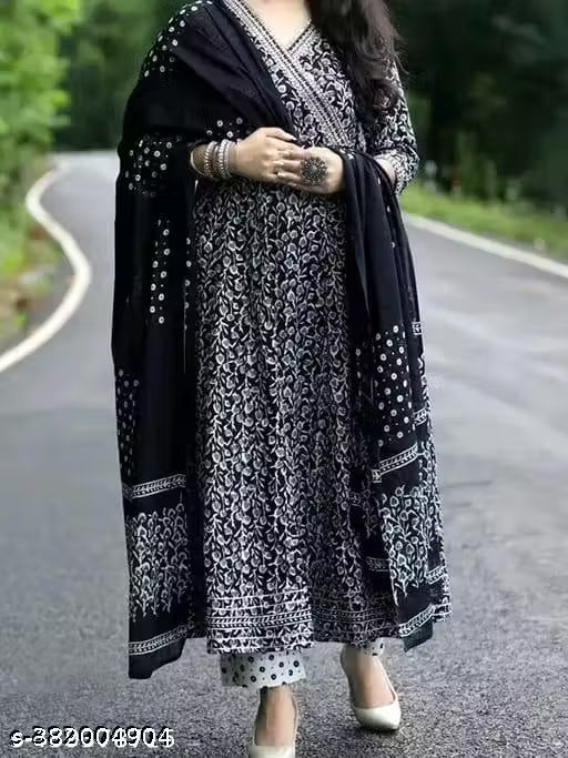 Black Premium Printed Designer Anarkali Embroidery Women Rayon Kurta With Pant And Cotton Dupatta