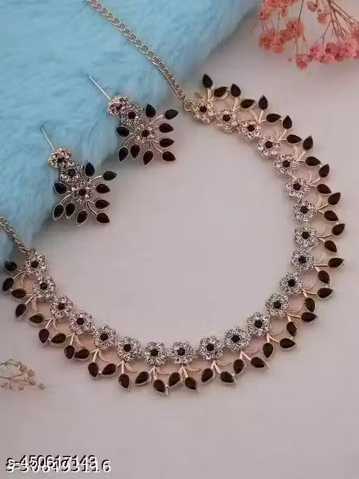 Rose Gold Plated Jewellery Set With Black Kundan